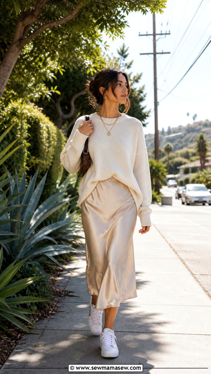 Midi slip skirt with a crewneck sweater and sneakers - 40 What to wear in Los Angeles