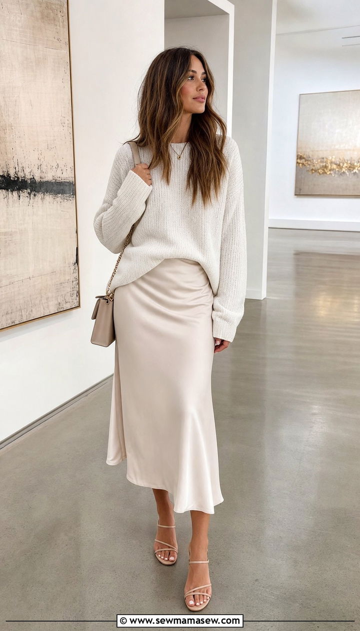 Midi slip skirt with oversized knit sweater - 25 Spring outfits for tall women
