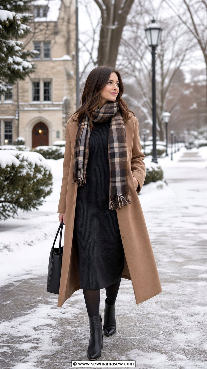 Midi sweater dress with a long wool coat - 25 Old money outfit ideas for college