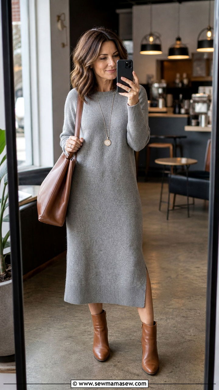 Midi sweater dress with ankle boots spring outfit - 40 Spring outfit ideas for women over 40 2026