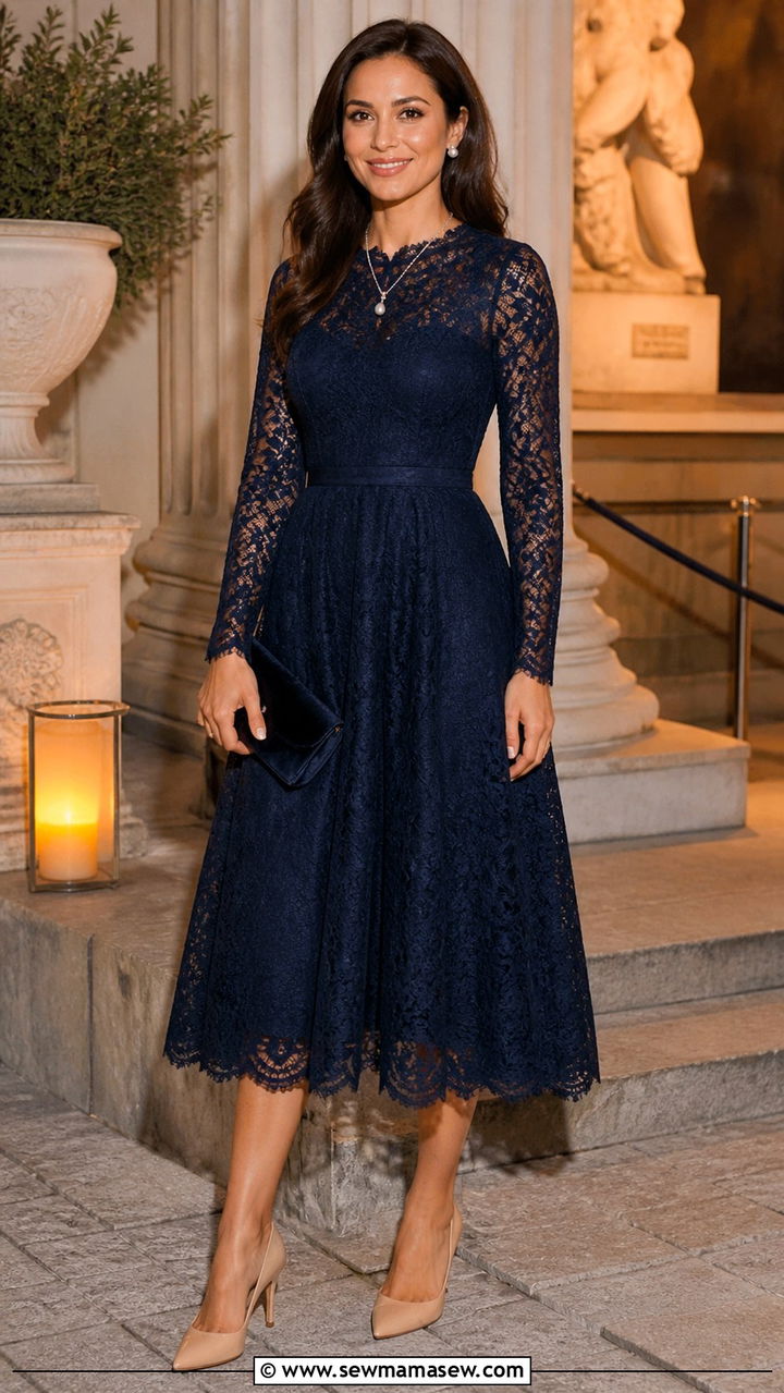 Midnight Blue Long Sleeve Lace Midi Dress - 40 Gala outfit ideas