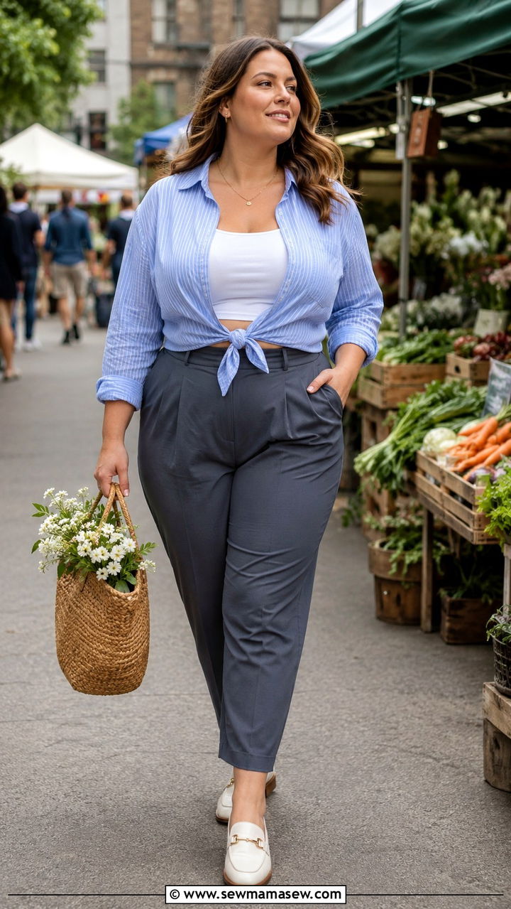 Midsize Spring Outfit With Button Down Shirt And Trousers - 30 Spring outfits for midsize women