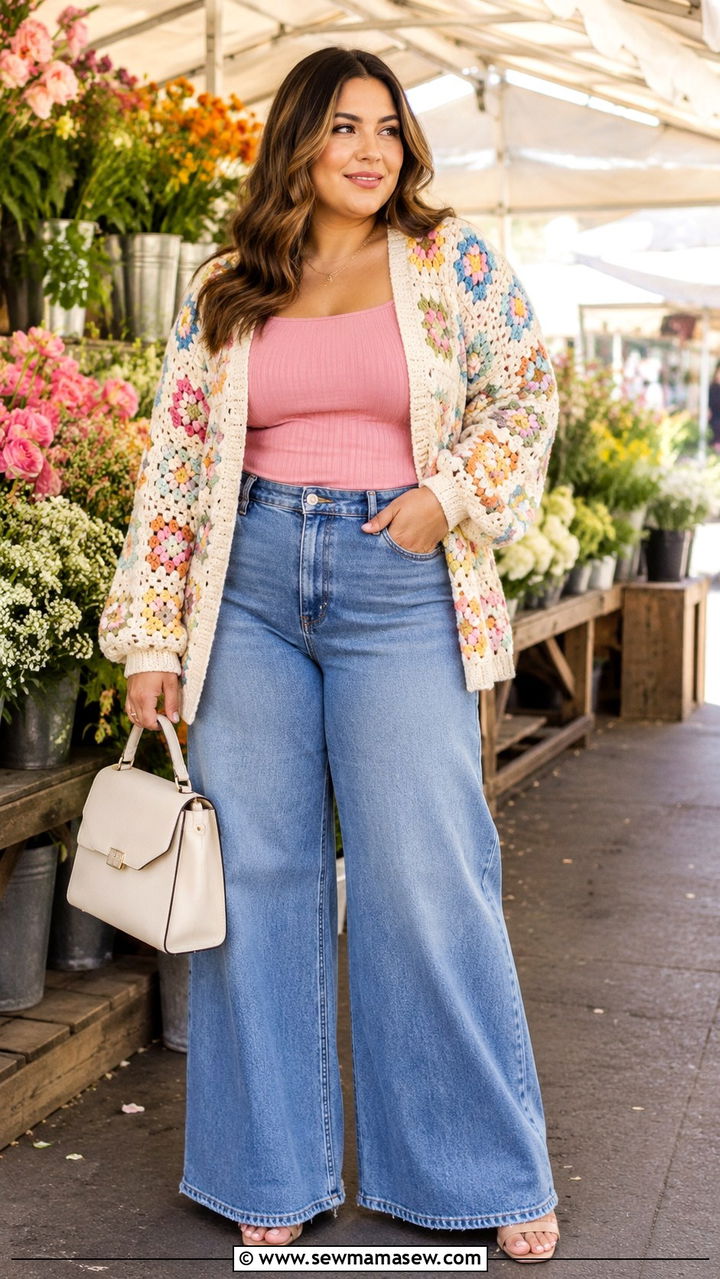 Midsize Spring Outfit With Crochet Cardigan And Jeans - 30 Spring outfits for midsize women