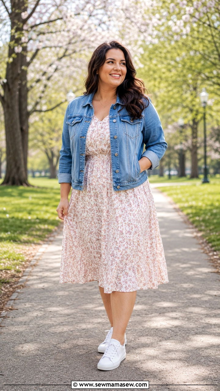 Midsize Spring Outfit With Denim Jacket And Midi Dress - 30 Spring outfits for midsize women