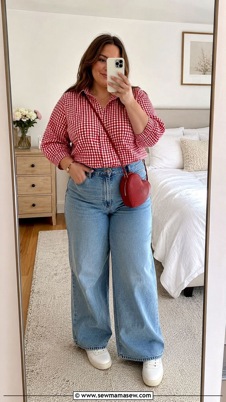 Midsize Spring Outfit With Gingham Top And Jeans - 30 Spring outfits for midsize women