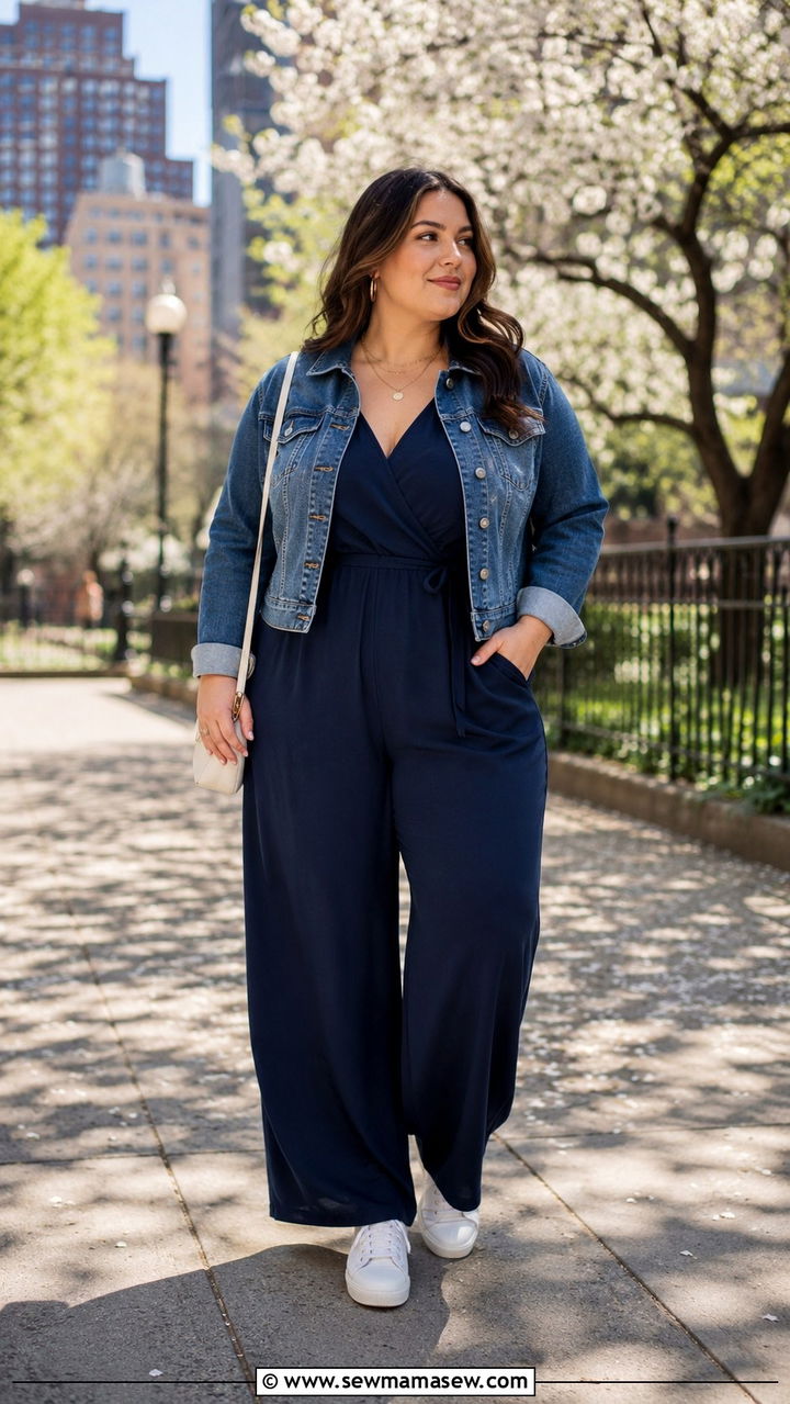 Midsize Spring Outfit With Jumpsuit And Denim Jacket - 30 Spring outfits for midsize women