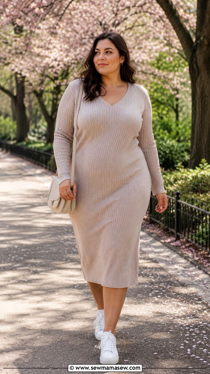 Midsize Spring Outfit With Knit Dress And Sneakers - 30 Spring outfits for midsize women