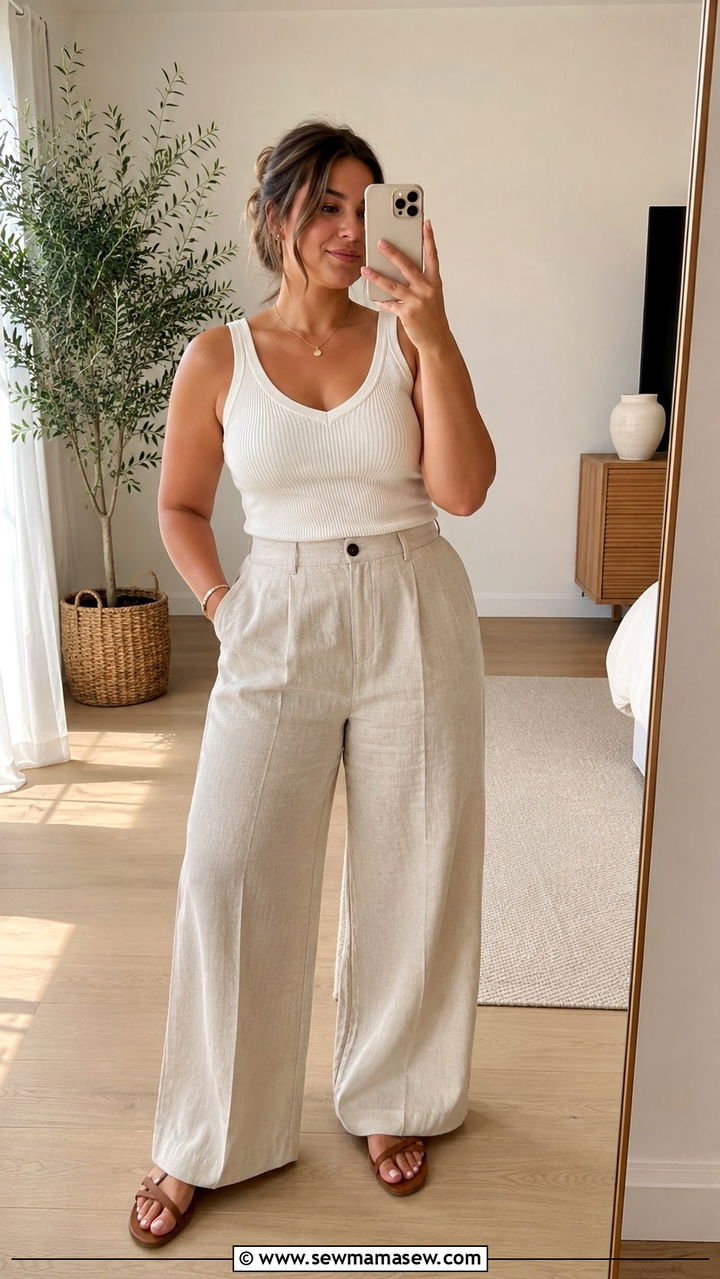 Midsize Spring Outfit With Linen Trousers And Tank Top - 30 Spring outfits for midsize women