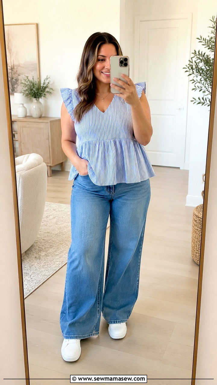 Midsize Spring Outfit With Peplum Top And Wide Leg Jeans - 30 Spring outfits for midsize women