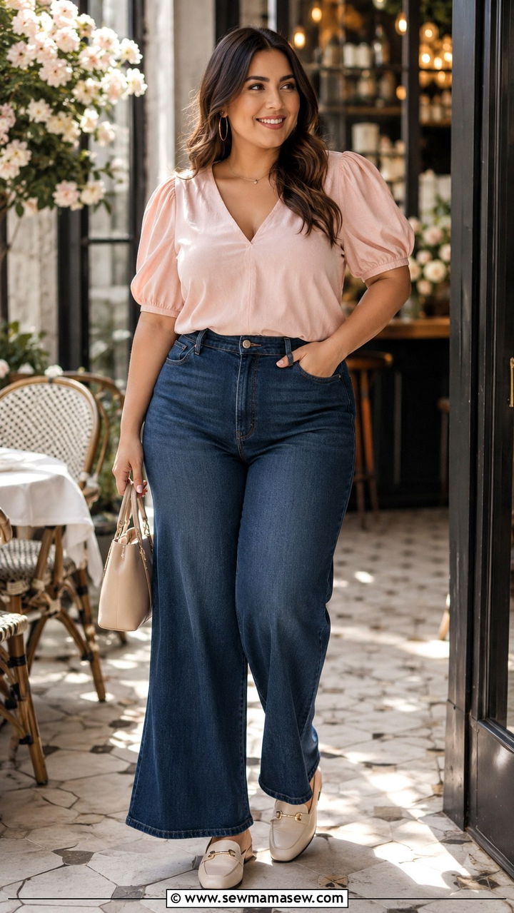 Midsize Spring Outfit With Puff Sleeve Blouse And Jeans - 30 Spring outfits for midsize women