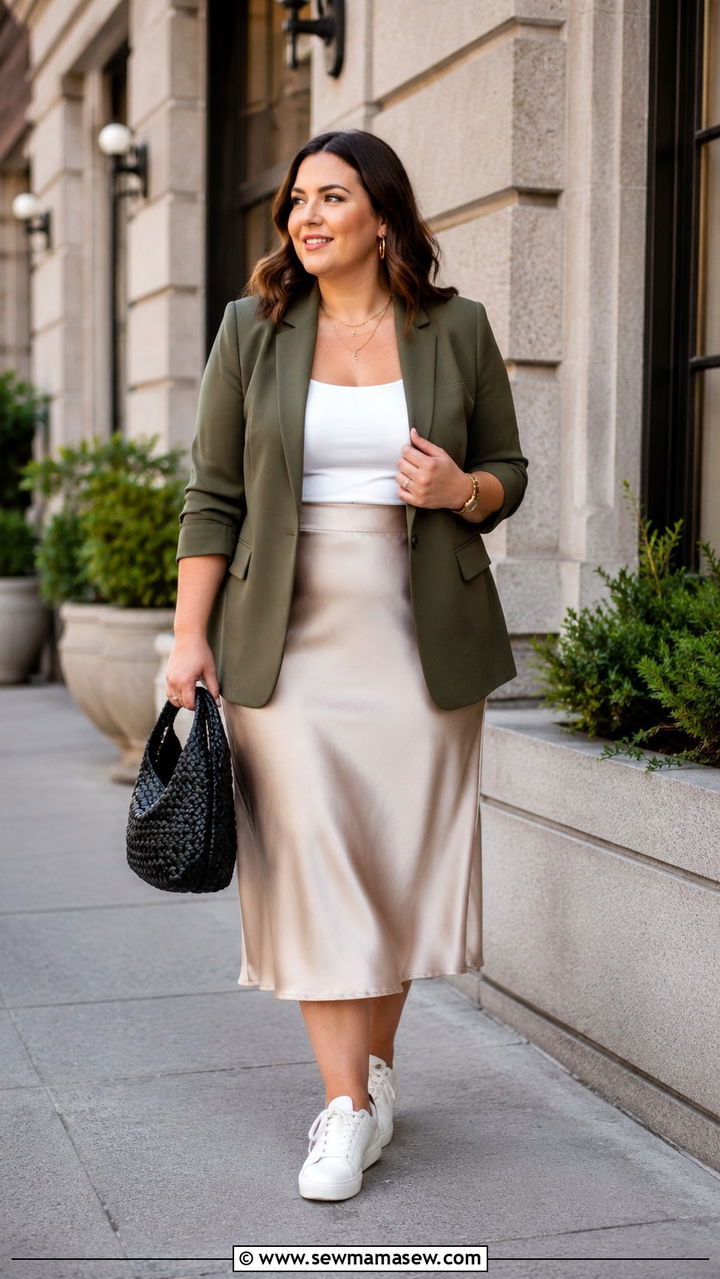 Midsize Spring Outfit With Satin Midi Skirt And Blazer - 30 Spring outfits for midsize women