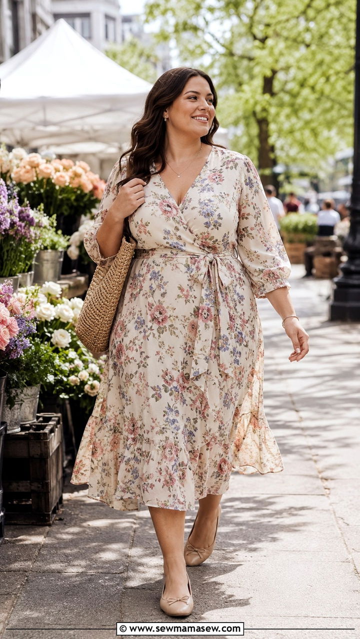 Midsize Spring Outfit With Wrap Dress And Flats - 30 Spring outfits for midsize women