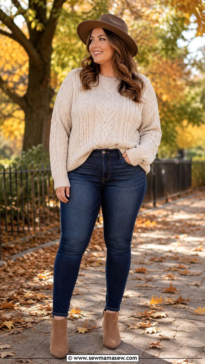 Midsize outfit with chunky knit sweater and skinny jeans - 30 Outfit ideas for midsize women