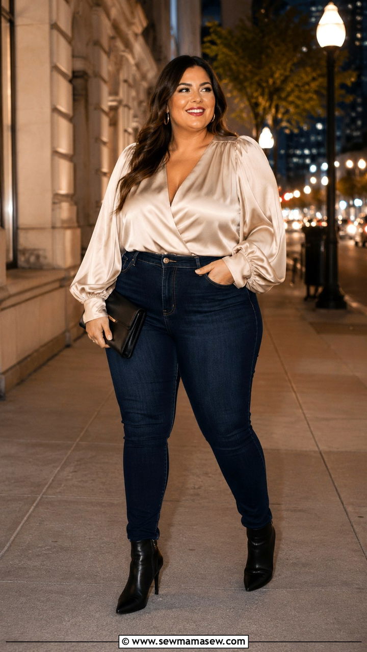 Midsize outfit with dark wash jeans and statement blouse - 30 Outfit ideas for midsize women