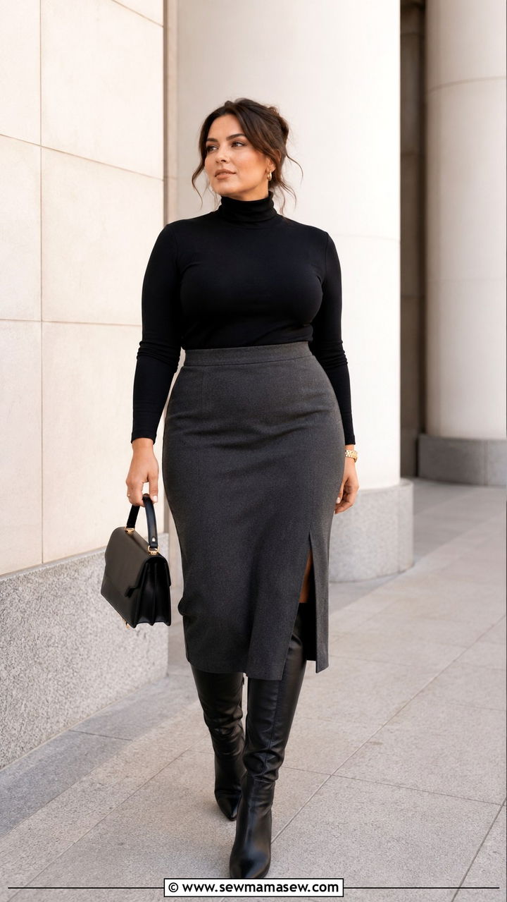 Midsize outfit with fitted turtleneck and tall boots - 30 Outfit ideas for midsize women