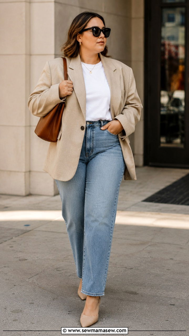 Midsize outfit with oversized blazer and straight jeans - 30 Outfit ideas for midsize women