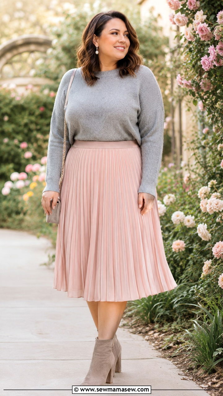 Midsize pleated midi skirt and sweater outfit - 30 Outfit ideas for midsize women