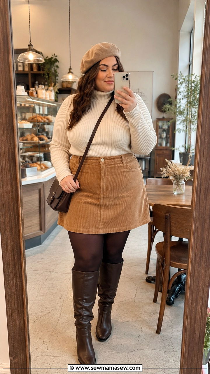 Midsize ribbed turtleneck and A line mini skirt outfit - 30 Outfit ideas for midsize women