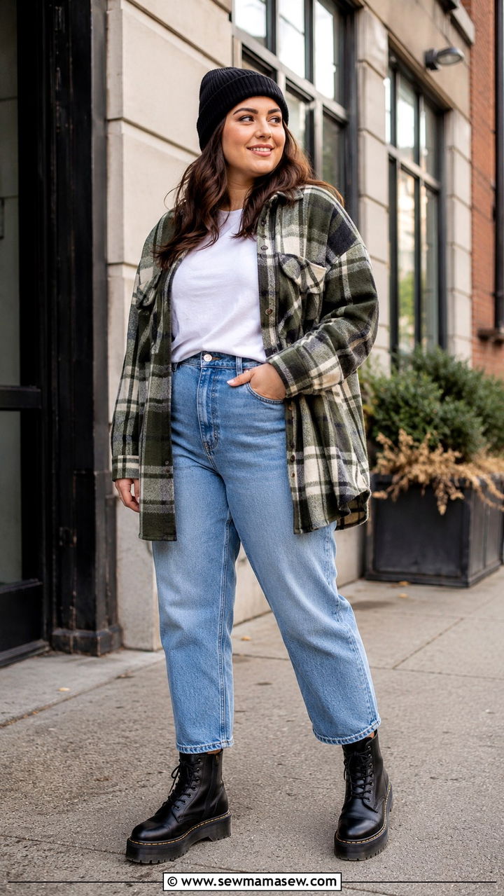Midsize shacket outfit with combat boots - 30 Outfit ideas for midsize women