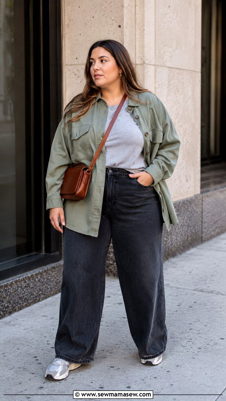 Midsize utility overshirt and wide leg jeans outfit - 30 Outfit ideas for midsize women