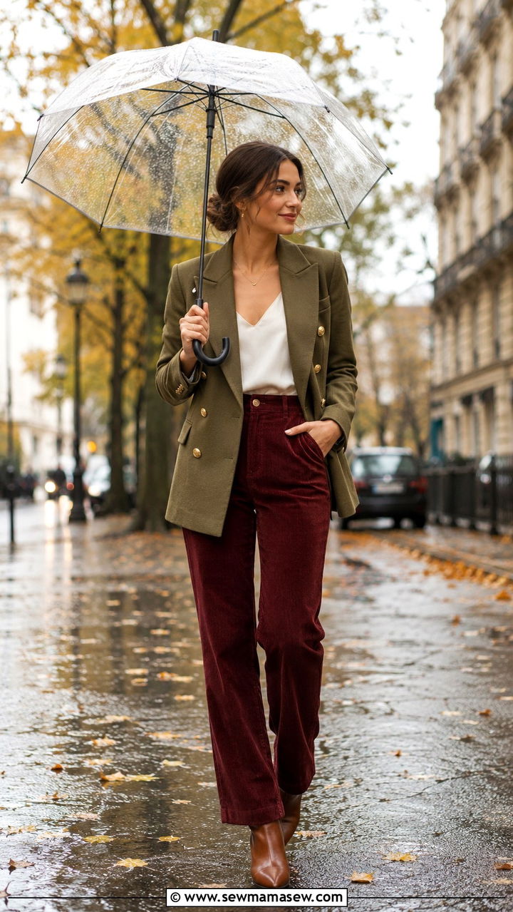 Military Blazer With Corduroy Trousers And Boots - 30 Rainy day work outfit ideas
