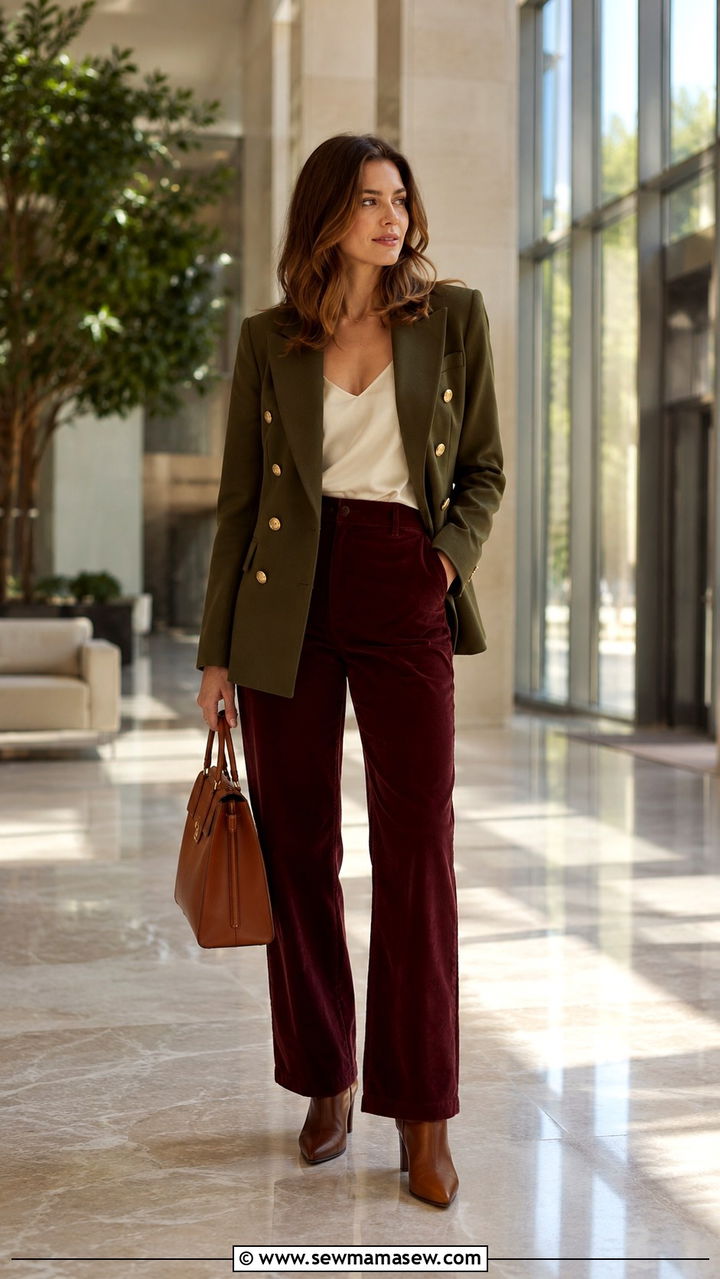 Military Blazer with Burgundy Corduroy Trousers and Brown Ankle Boots - 30 transitional rainy day outfit ideas