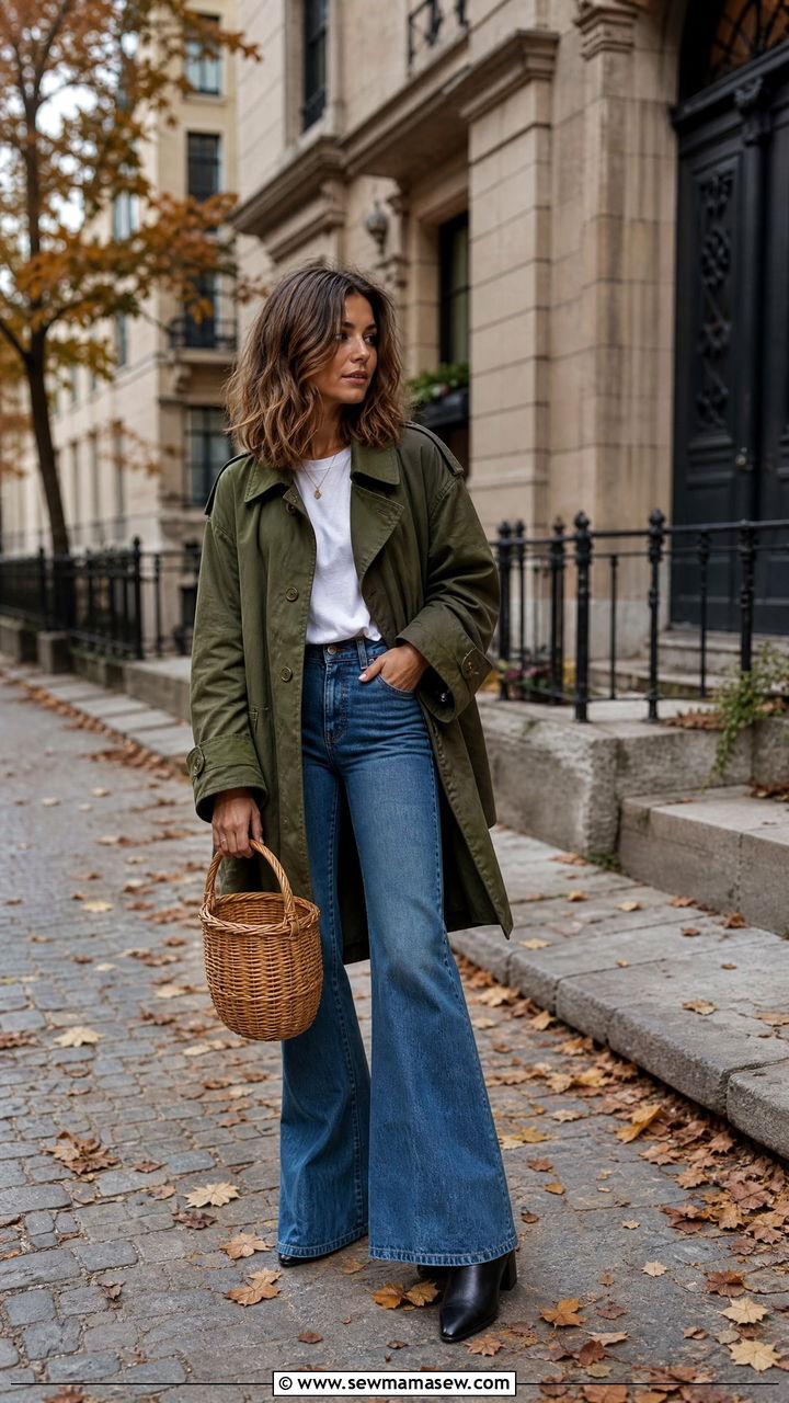 Military Coat With Basket Bag Outfit - 30 Jane Birkin outfit ideas