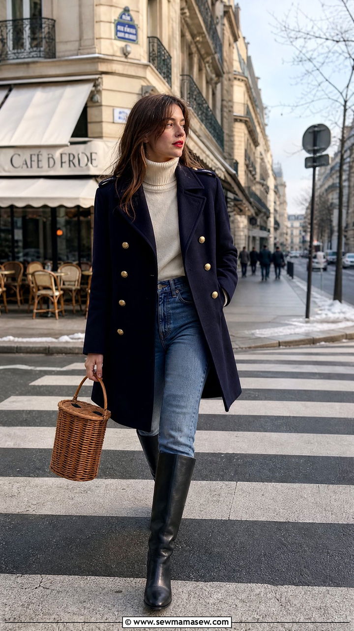 Military Coat and Knee High Boots Outfit - 25 French girl outfit ideas Jane Birkin