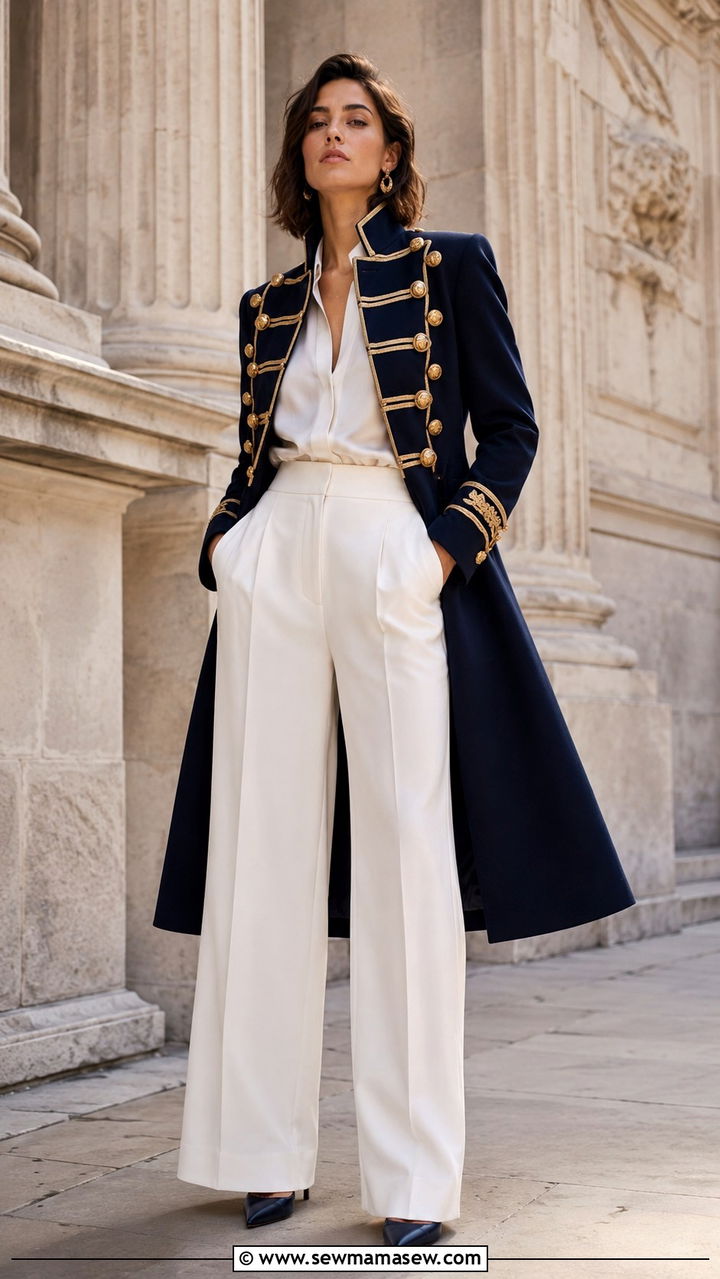 Military Inspired Coat with Fluid White Separates - 25 2026 fashion trends women classy