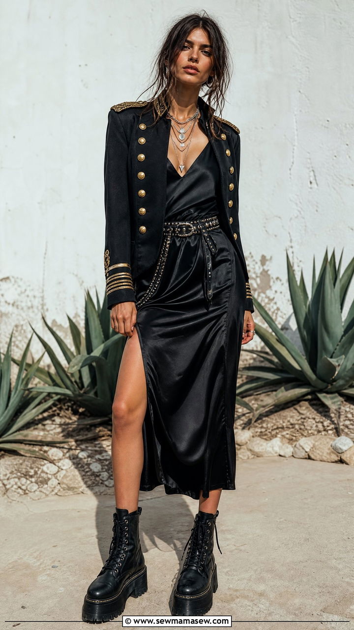 Military Jacket With Slip Dress And Studded Belt - 25 Indie girl outfit ideas 2026