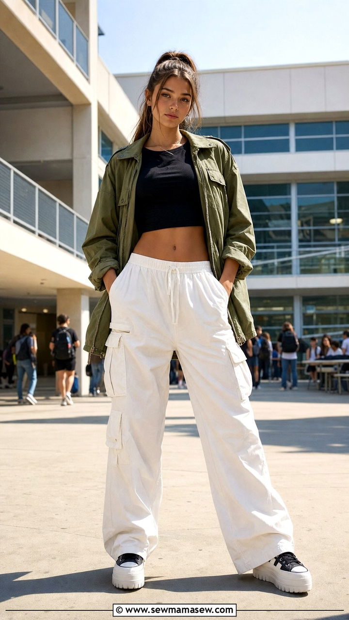 Military Jacket with Cropped Tee and White Wide Leg Cargo Pants Outfit - 35 Back to school outfit ideas 10th grade