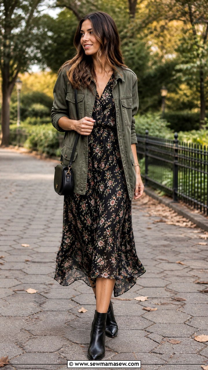Military Jacket with Floral Midi Dress - 40 parisian outfits for women