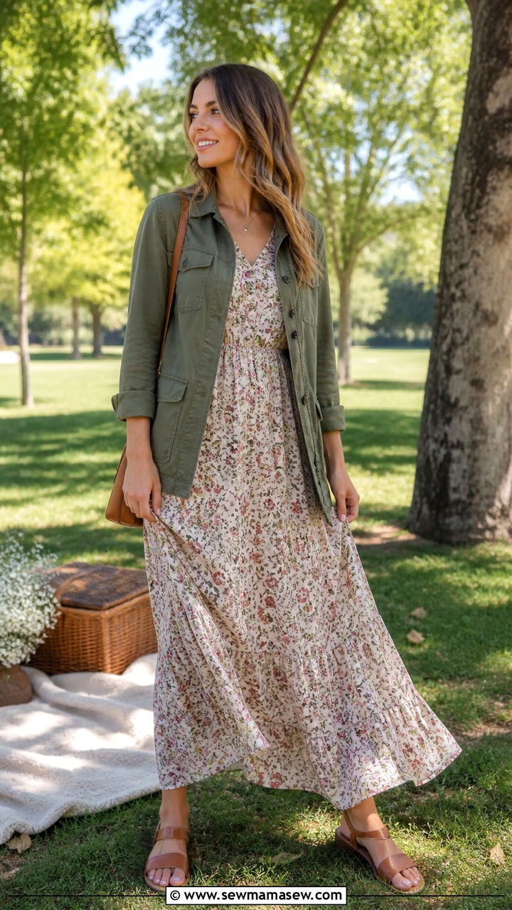 Military Jacket with Flowy Maxi Dress and Sandals - 40 transitional outfits