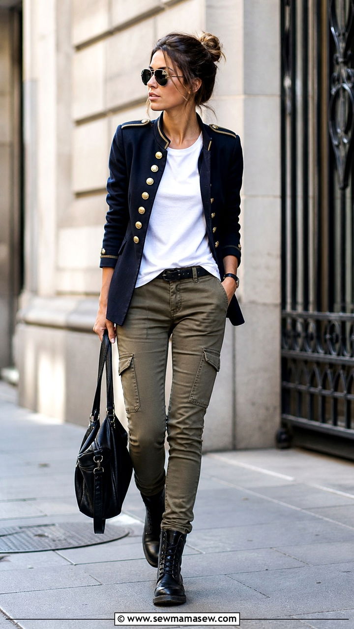 Military Jacket with White Tee and Slim Cargo Pants - 40 jacket outfits for women