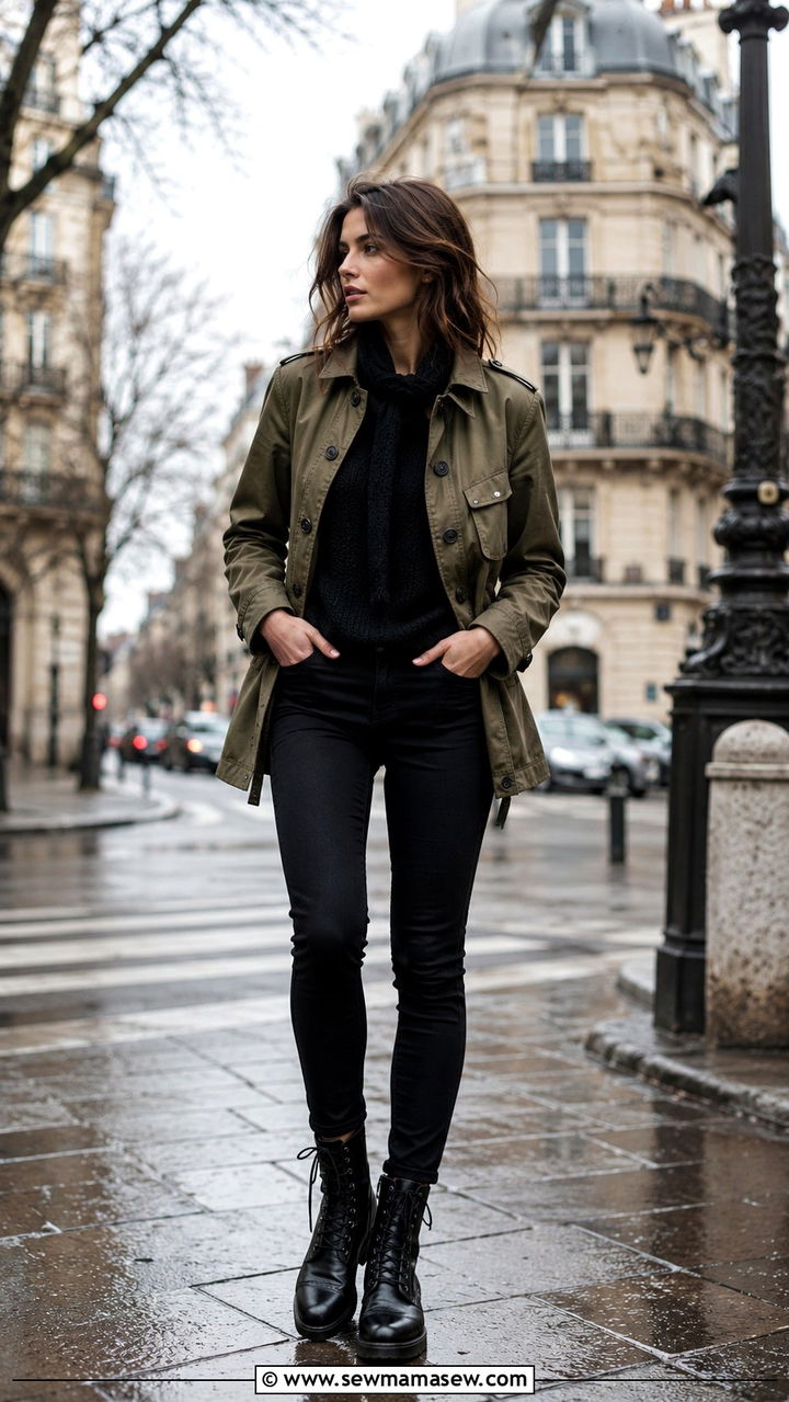 Military Style Jacket and Black Skinny Jeans Outfit - 20 French girl outfit ideas Charlotte Gainsbourg