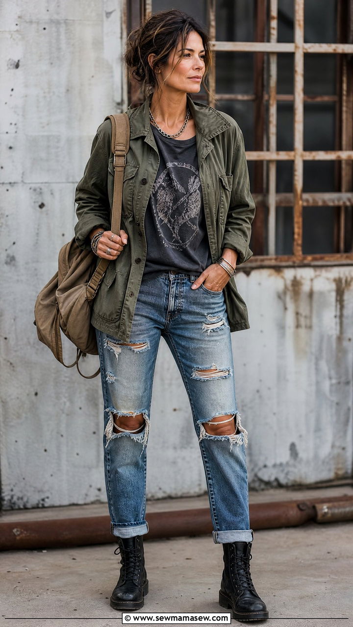 Military Style Utility Jacket with a Graphic Tee and Ripped Jeans - 25 grunge outfit ideas for women over 40