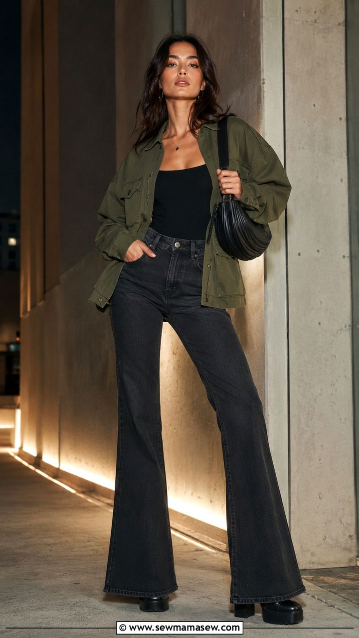 Military green utility jacket with a bodysuit and flare jeans - 30 spring utility jacket outfit ideas