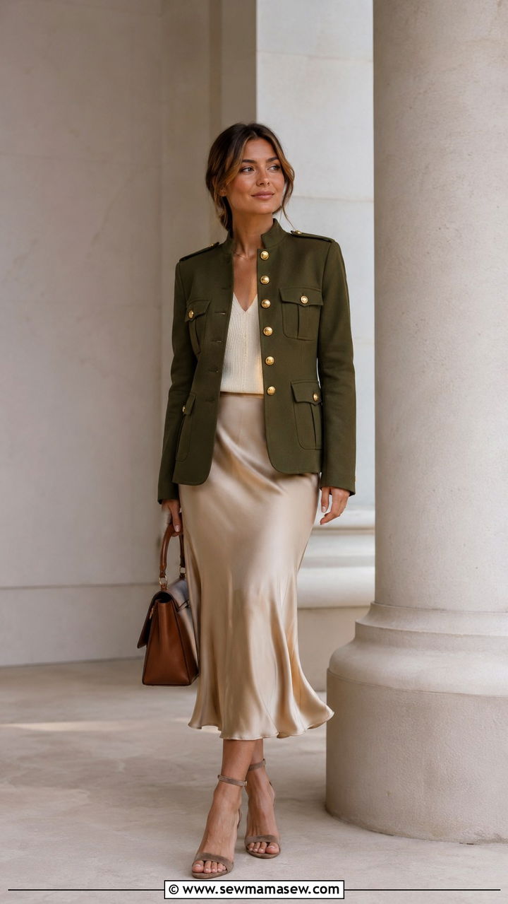 Military jacket with silk skirt outfit - 30 jacket outfits 2026
