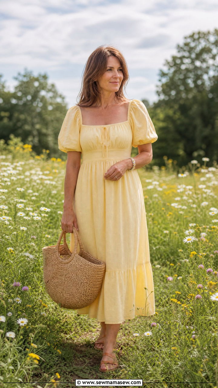 Milkmaid Dress With Woven Basket Bag - 30 cottagecore outfit ideas for women over 40