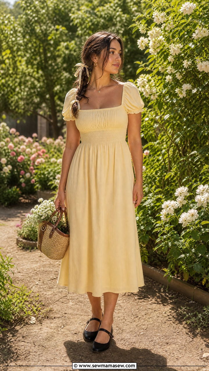 Milkmaid Dress with Mary Janes and Woven Handbag - 30 Cottagecore spring outfits