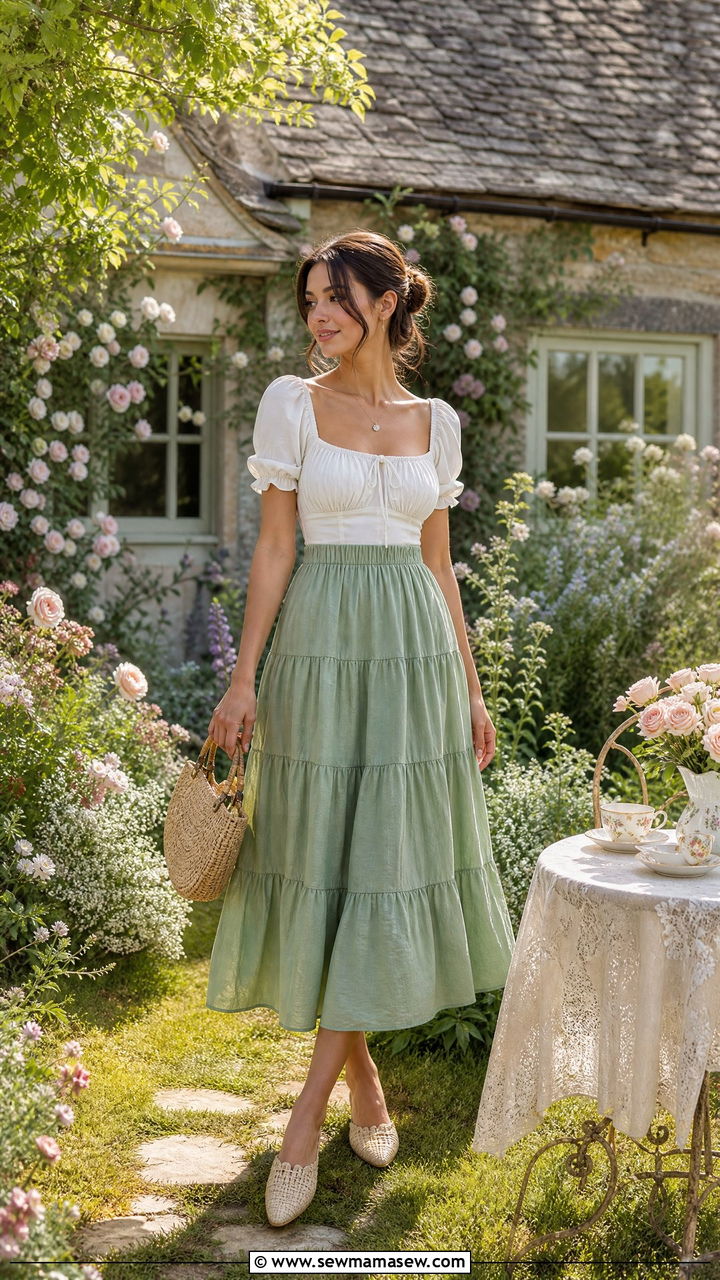 Milkmaid Top with Tiered Midi Skirt - 30 Summer cottage outfits