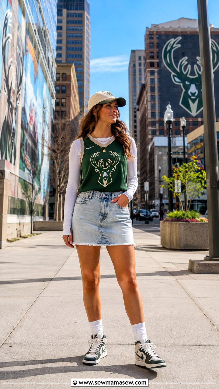Milwaukee Bucks Jersey And Denim Skirt Outfit - 20 Gameday outfit ideas Wisconsin