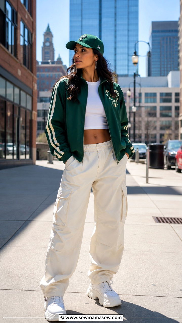 Milwaukee Bucks Track Jacket And Cargo Pants Outfit - 20 Gameday outfit ideas Wisconsin