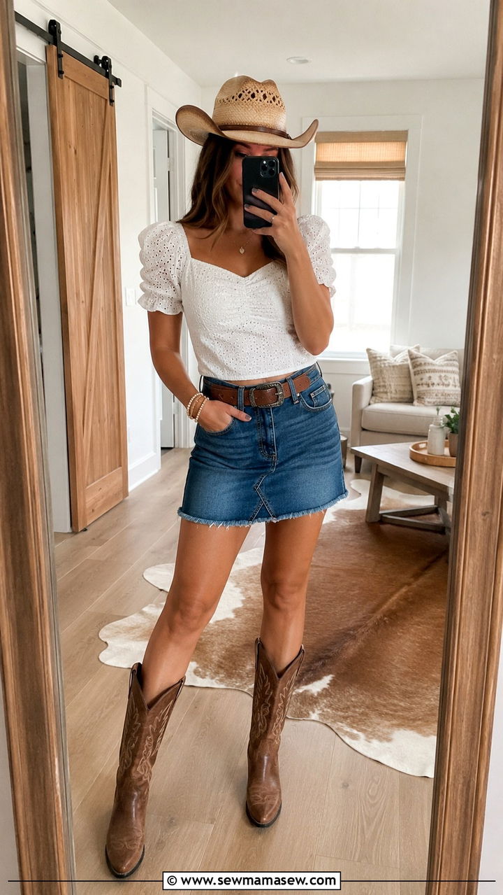 Mini Denim Skirt With Cute White Top and Cowgirl Hat - 25 Western outfit ideas for line dancing