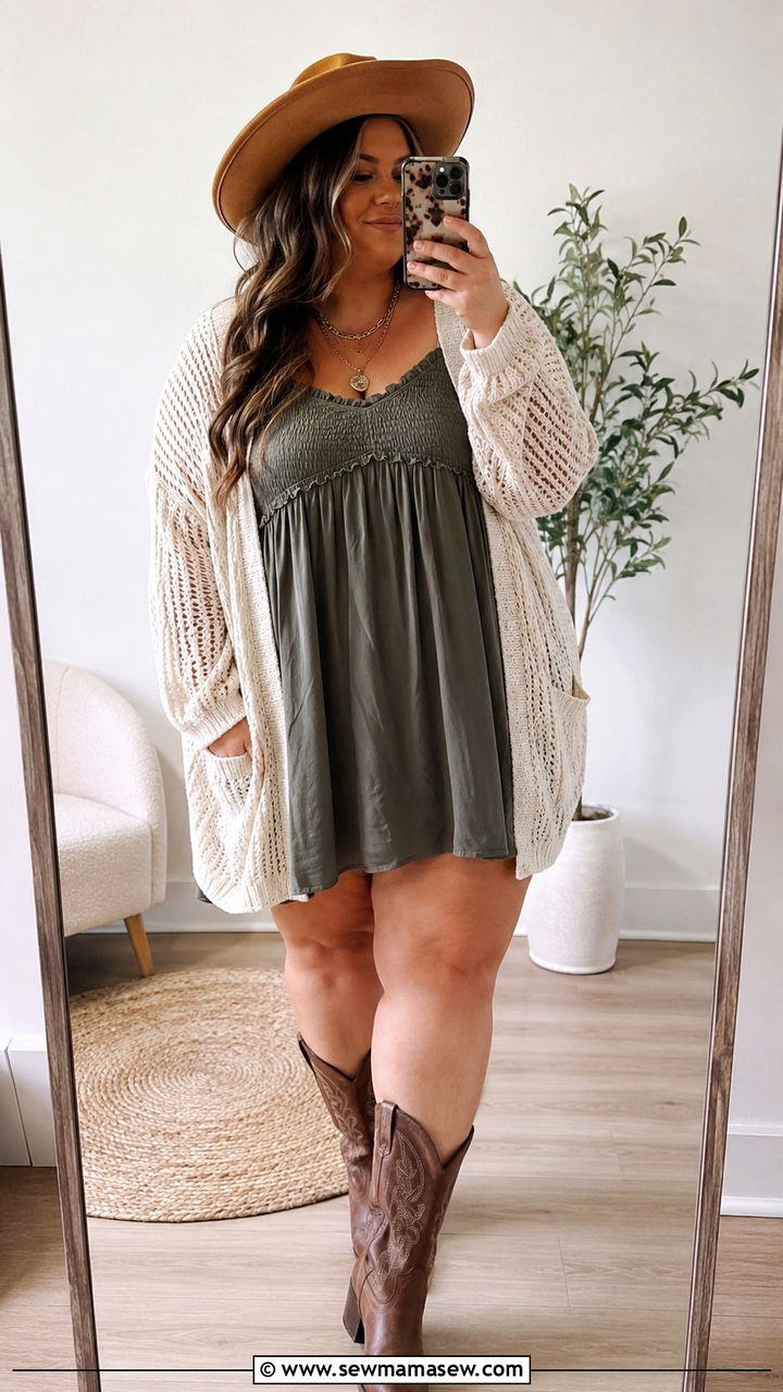Mini Dress With Knit Cardigan And Cowboy Boots - 25 Plus size outfit ideas boho