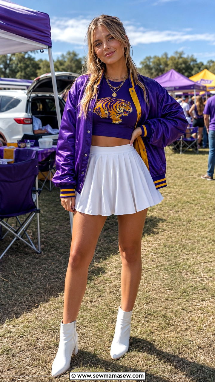 Mini Skirt Cropped Tee and Bomber Jacket - 30 Tailgate outfit ideas college