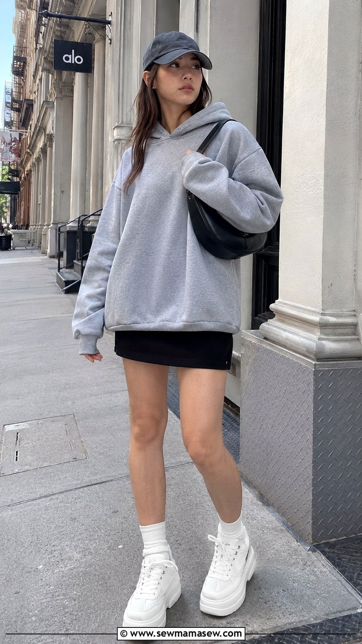 Mini Skirt With Hoodie and Chunky Sneakers - 30 How to style a mini skirt