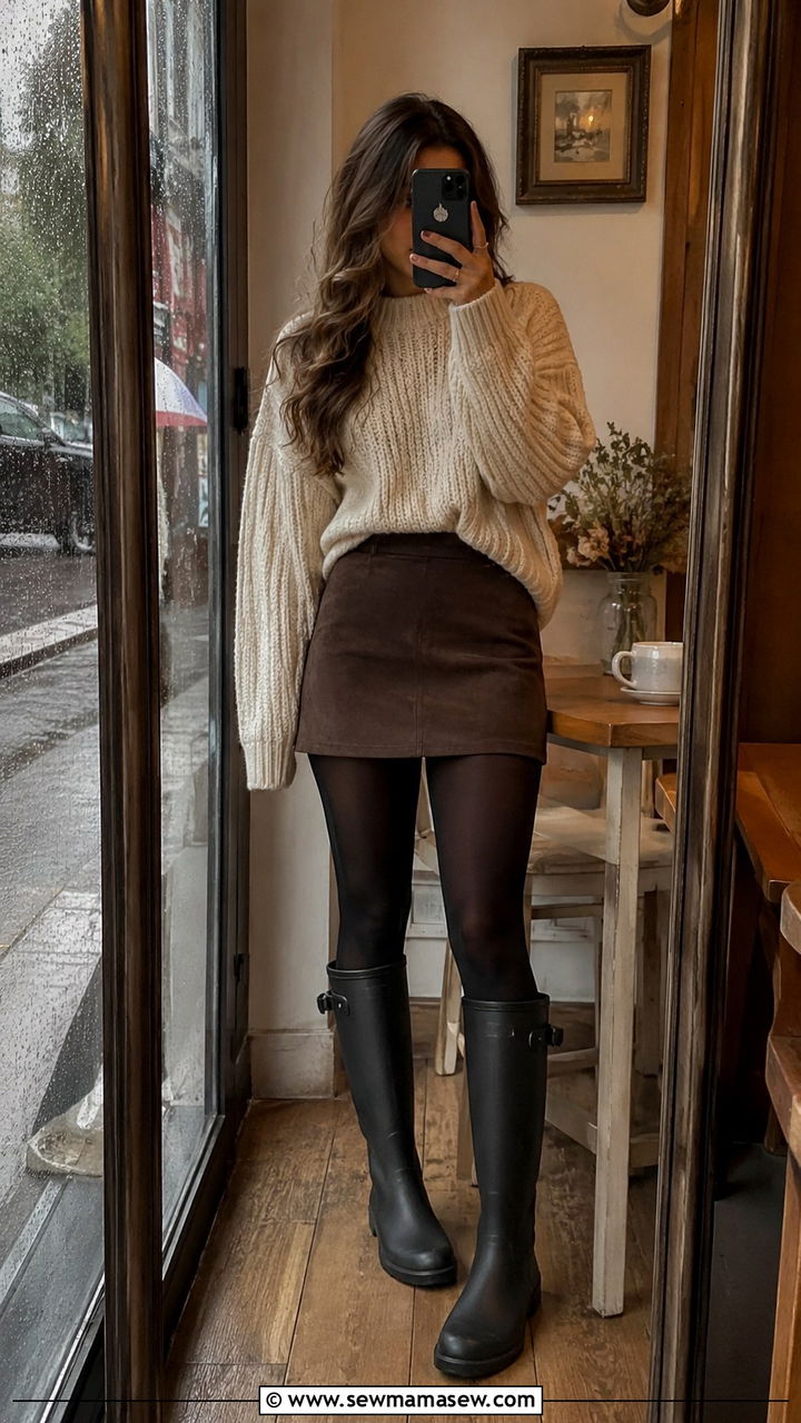 Mini Skirt With Knee High Boots And Chunky Knit Sweater - 25 rainy day outfits Pinterest