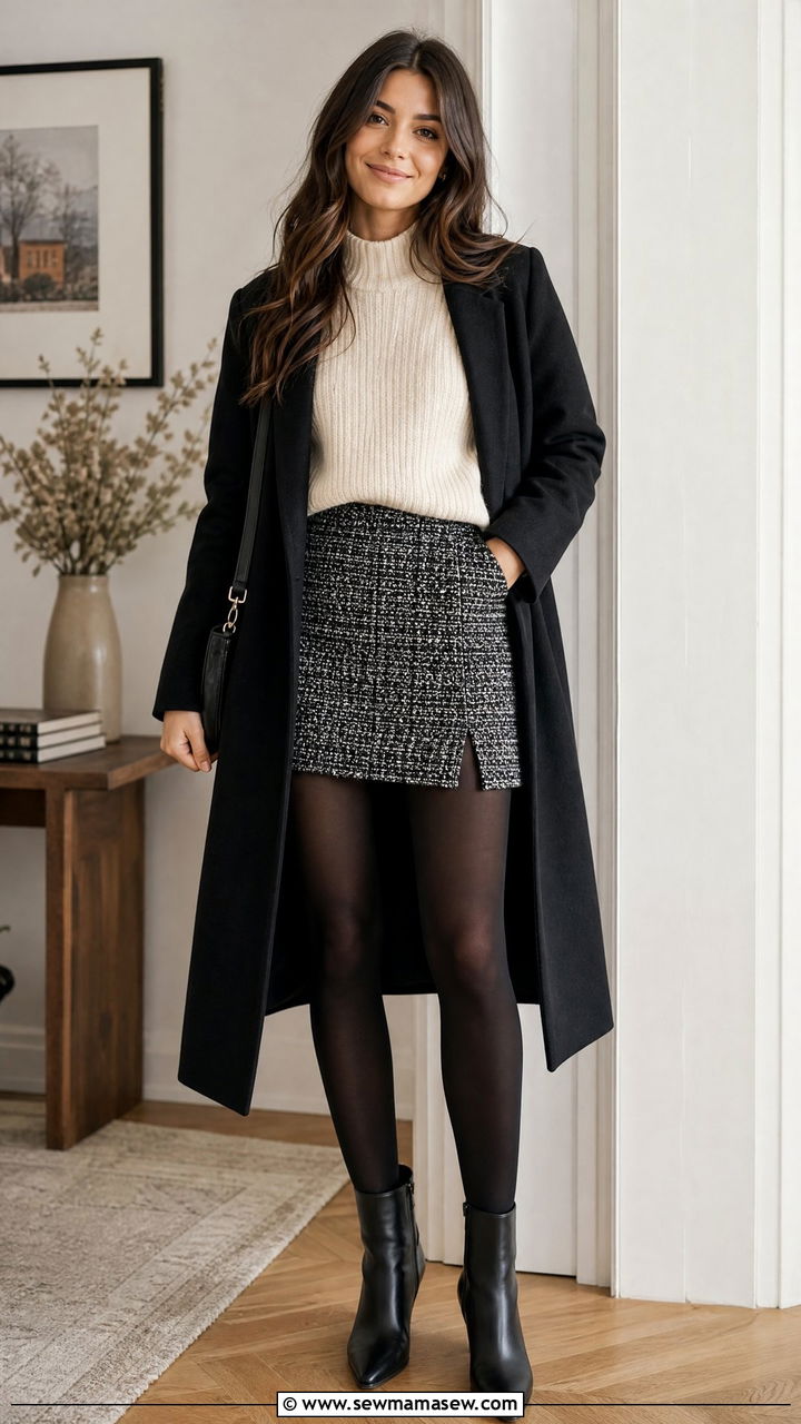Mini Skirt With Opaque Tights Outfit - 25 March outfit ideas