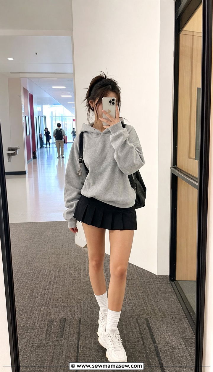 Mini Skirt With Oversized Hoodie and Chunky Sneakers - 25 College outfit ideas petite